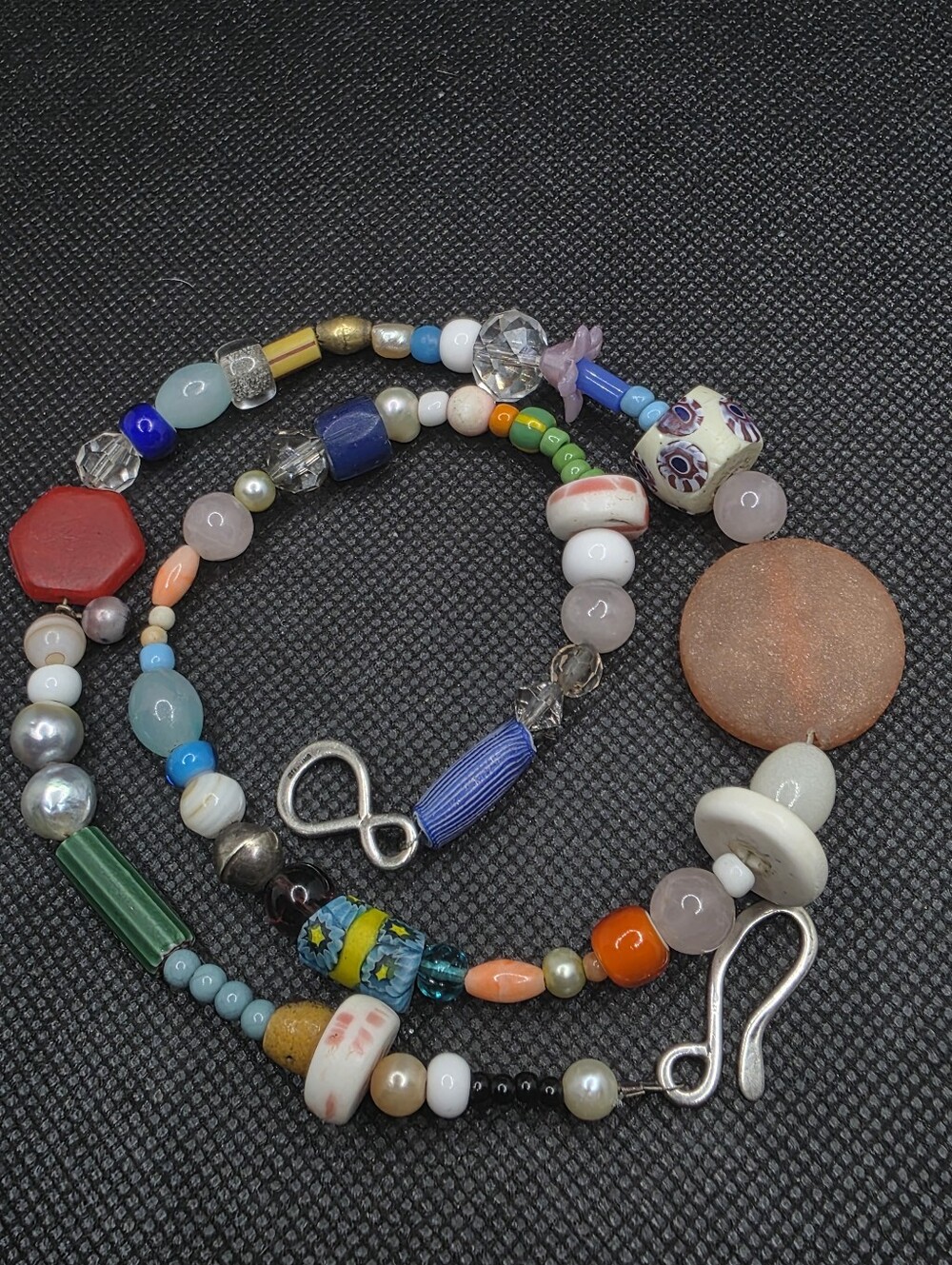 Vintage Sterling Silver Hodgepodge Beaded Necklace Whimsical Pearl Glass Brass